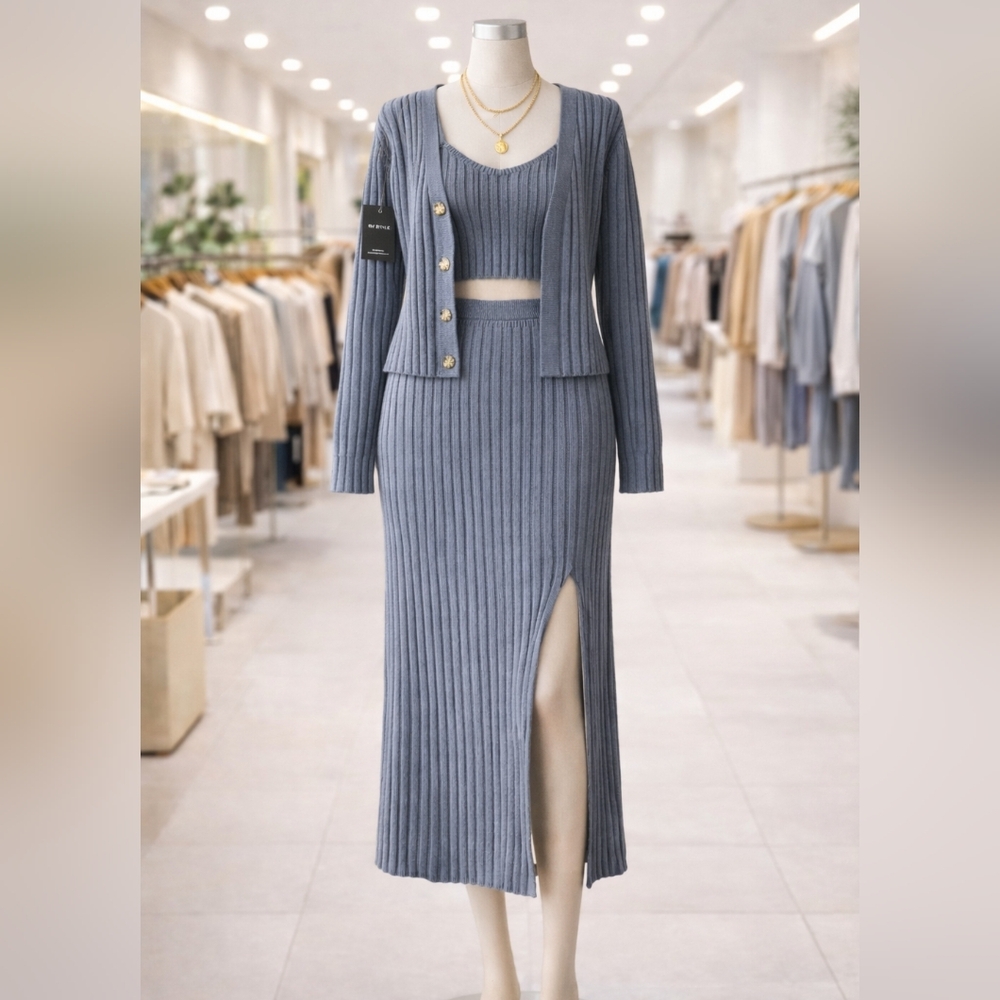 3-Piece Ribbed Knit Set Cardigan Crop Top Maxi Skirt Slit Blue Gray NWT